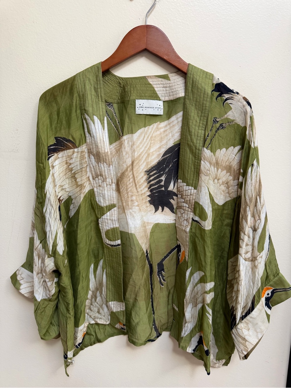 One Hundred Stara Olive Green Crane Print Kimono Jacket
